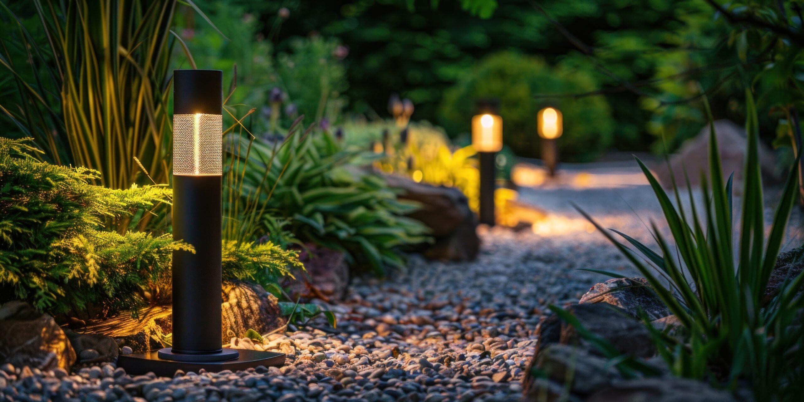Modern solar garden lights illuminating a pathway at dusk