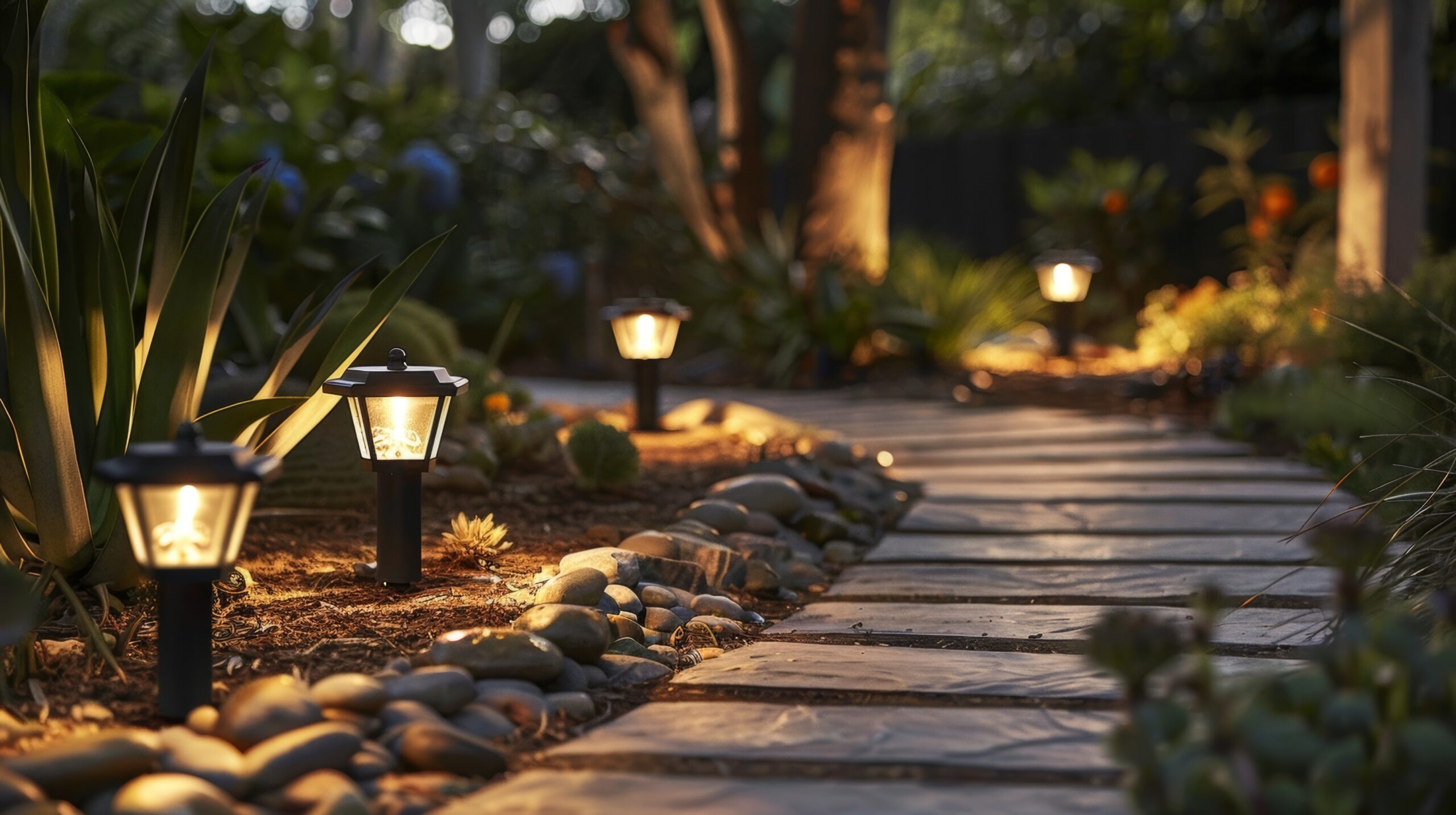 Solar path lights casting a warm glow on the rustic stone walkway in the backyard.
