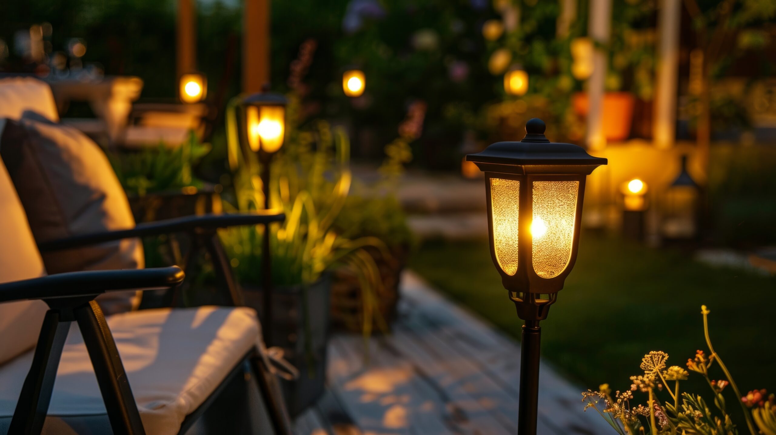 A cozy backyard patio brought to life with the charming glow of solar garden lights perfect for outdoor gatherings and relaxation.